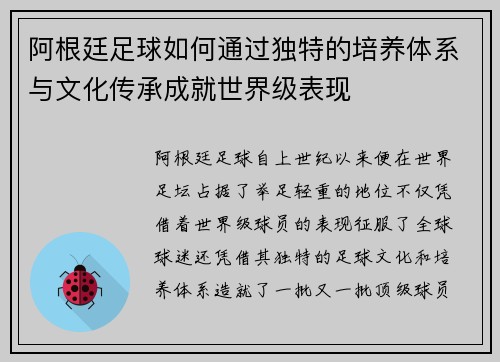 阿根廷足球如何通过独特的培养体系与文化传承成就世界级表现 阿根廷足球如何通过独特的培养体系与文化传承成就世界级表现